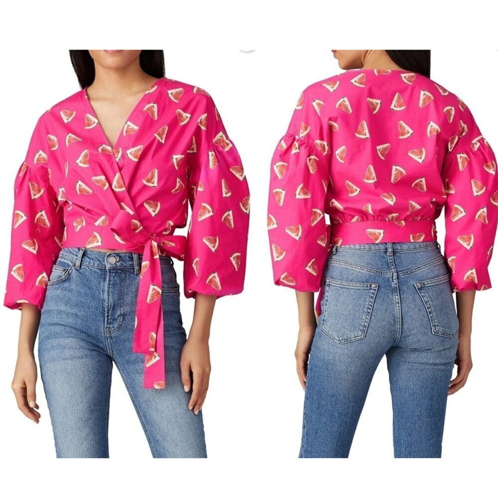 Color Me Courtney Pink Watermelon Puff Sleeve Emily Wrap Crop Top 3679